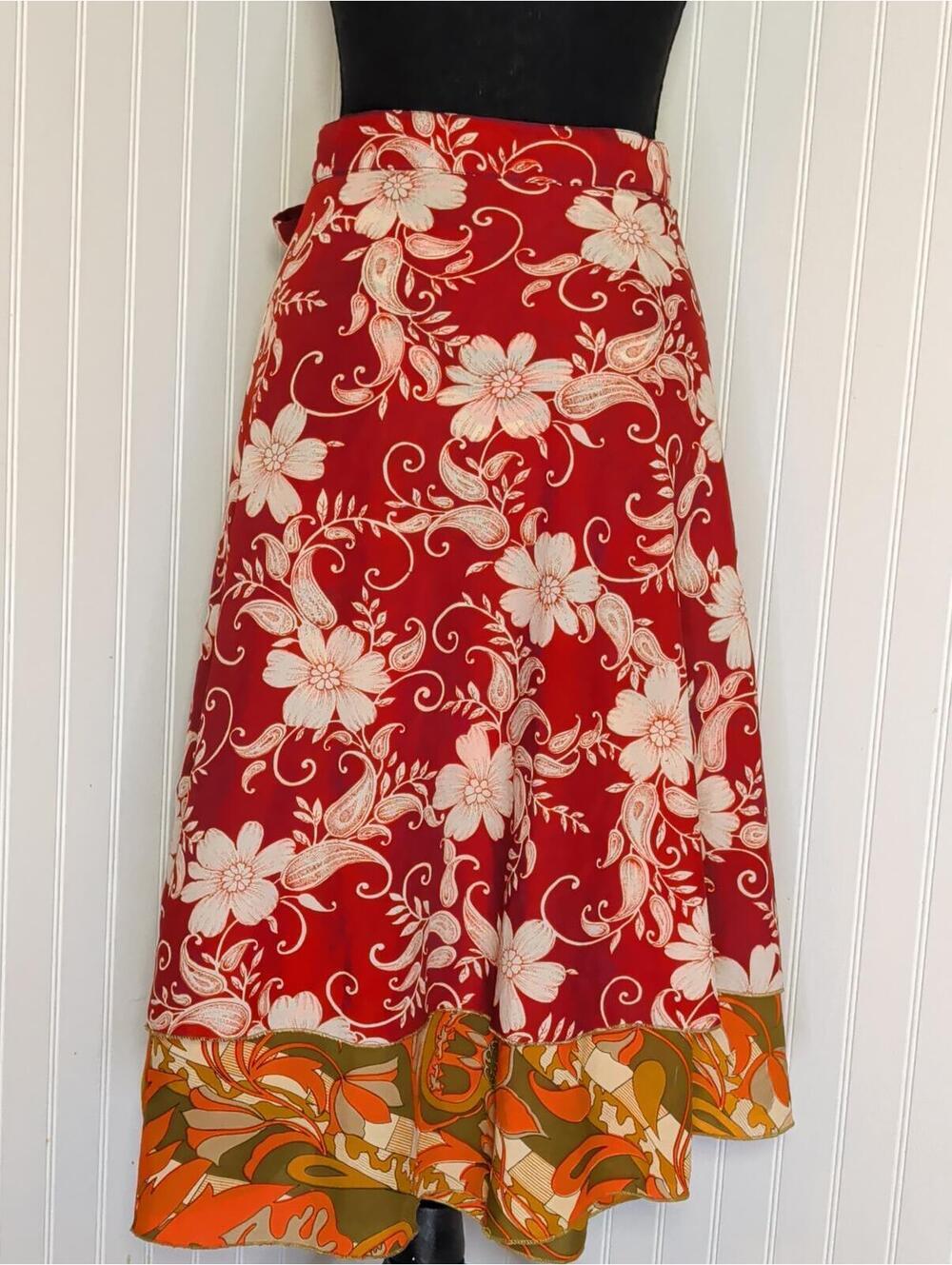 Earthbound Trading Co. Reversible Silk Blend Wrap Maxi Skirt Boho Red Floral OS - Picture 3 of 5